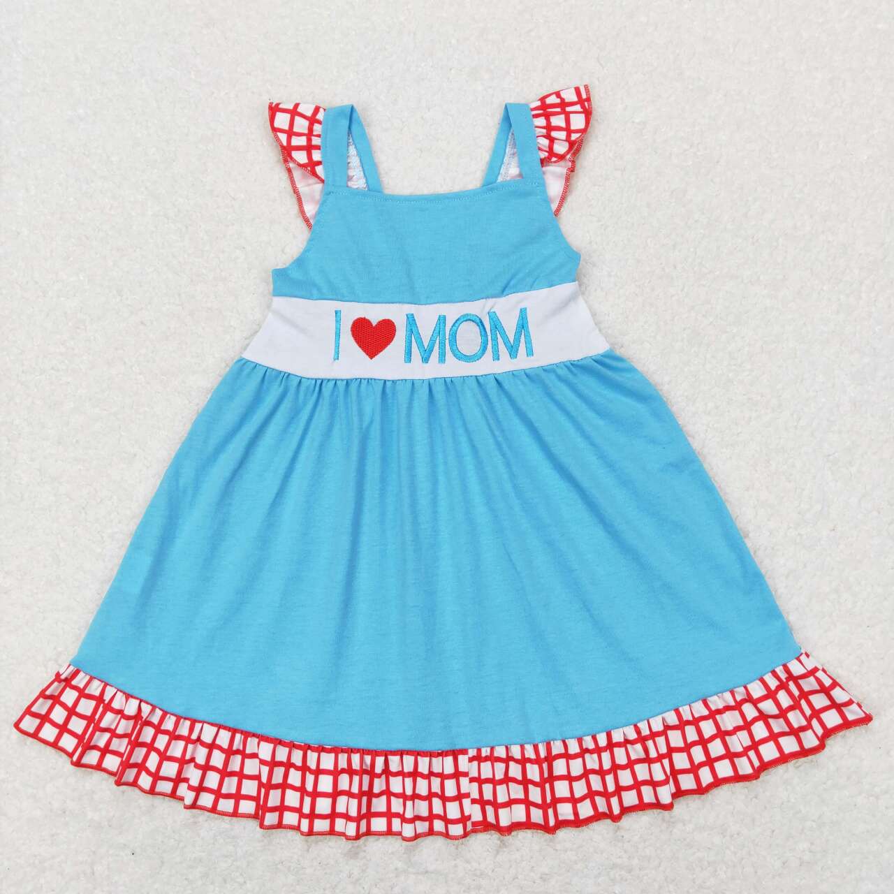 I LOVE MOM Embroidery Blue Sisters Mother's Day Matching Clothes