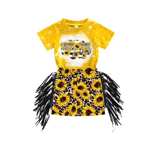 (Pre-order)GSD0606  Sunflowers Leopard Print Girls Tassels Skirts Summer Clothes Set