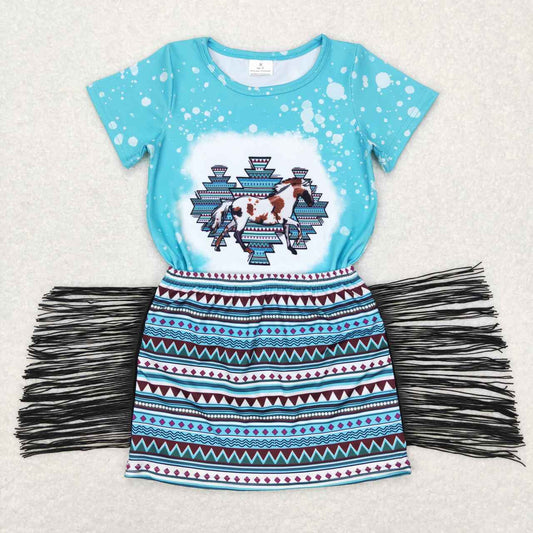GSD0607  Blue Aztec Horse Print Girls Tassels Skirts Summer Clothes Set