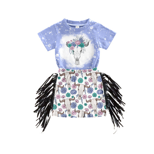 (Pre-order)GSD0611  Cow Skull Print Girls Tassels Skirts Summer Clothes Set