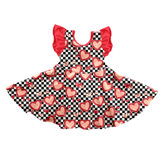 (Pre-order)GSD0616 Black Plaid Heart Print Girls Knee Length Valentine's Dress