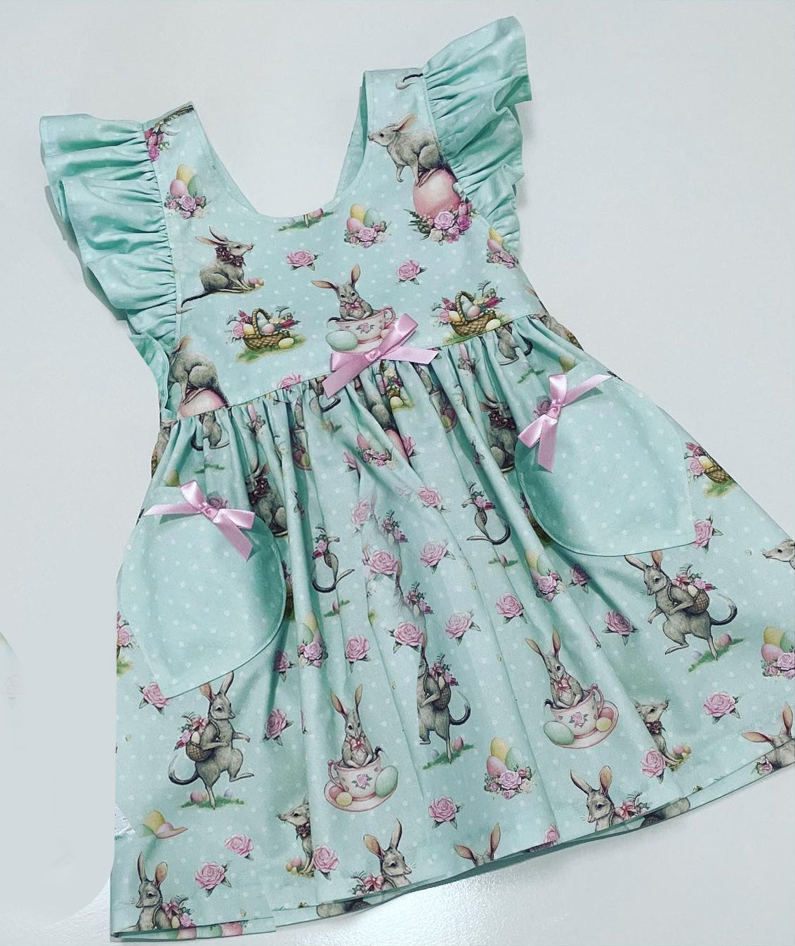 (Pre-order)GSD0619 Bunny Flowers Print Girls Pocket Easter Dress