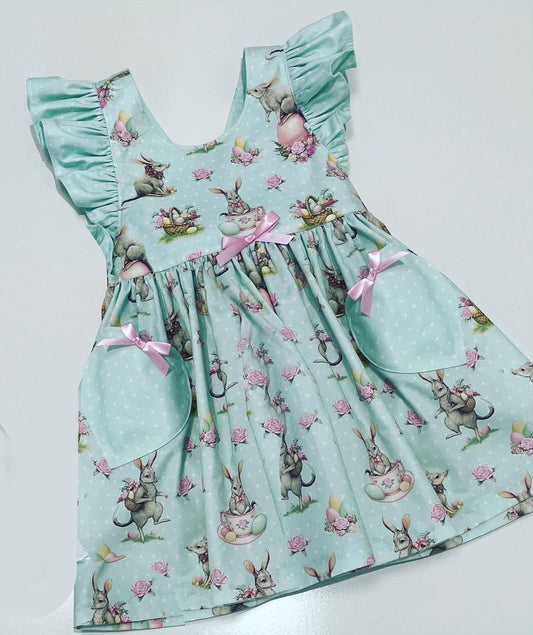 (Pre-order)GSD0619 Bunny Flowers Print Girls Pocket Easter Dress