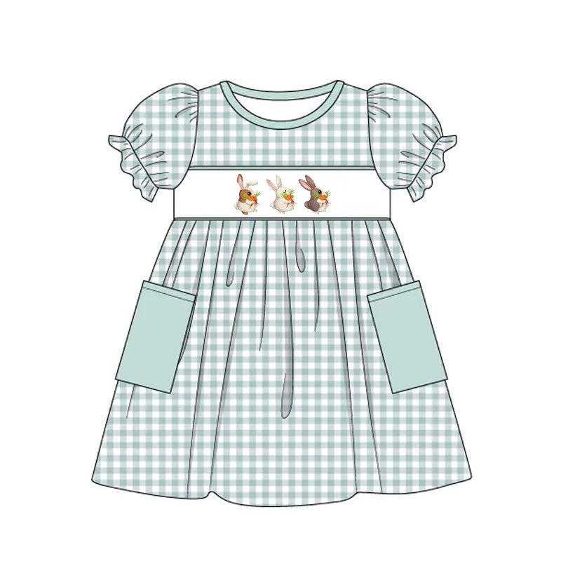 (Pre-order)GSD0620 Bunny Green Plaid Print Girls Knee Length Easter Dress