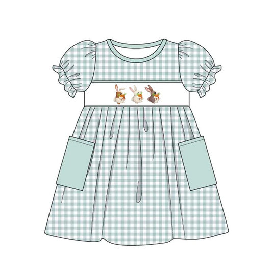 (Pre-order)GSD0620 Bunny Green Plaid Print Girls Knee Length Easter Dress
