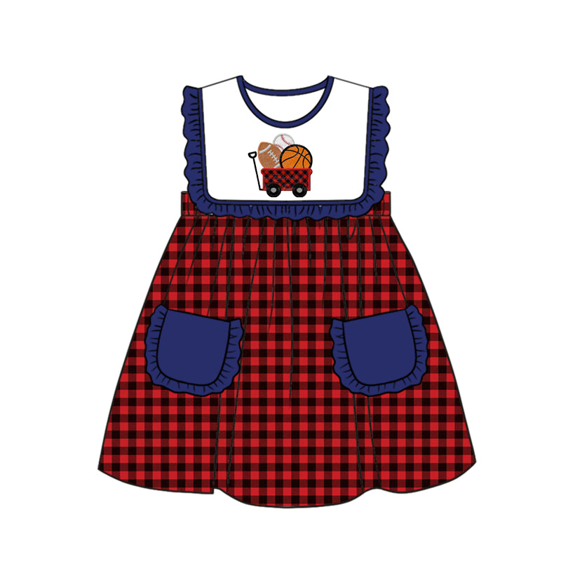 (Pre-order)GSD0627 Bolls Plaid Print Girls Pocket Knee Length Dress