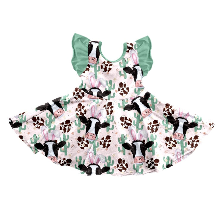 (Pre-order)GSD0628 Rabbit Cow Cactus Print Girls Easter Knee Length Dress