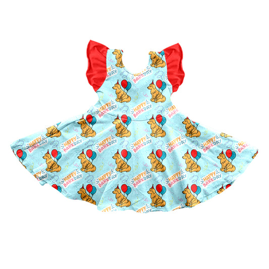 (Pre-order)GSD0633 Blue Dog Print Girls Happy Birthday Knee Length Dress