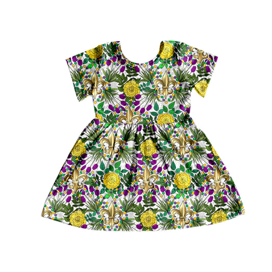 (Pre-order)GSD0640 Flowers Print Girls Mardi Gras Knee Length Dress