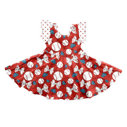 (Pre-order)GSD0641 Baseball Bow Print Girls Knee Length Dress