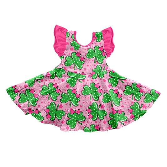 (Pre-order)GSD0642 Green Quatrefoil Bow Print Girls St. Patrick's Knee Length Dress