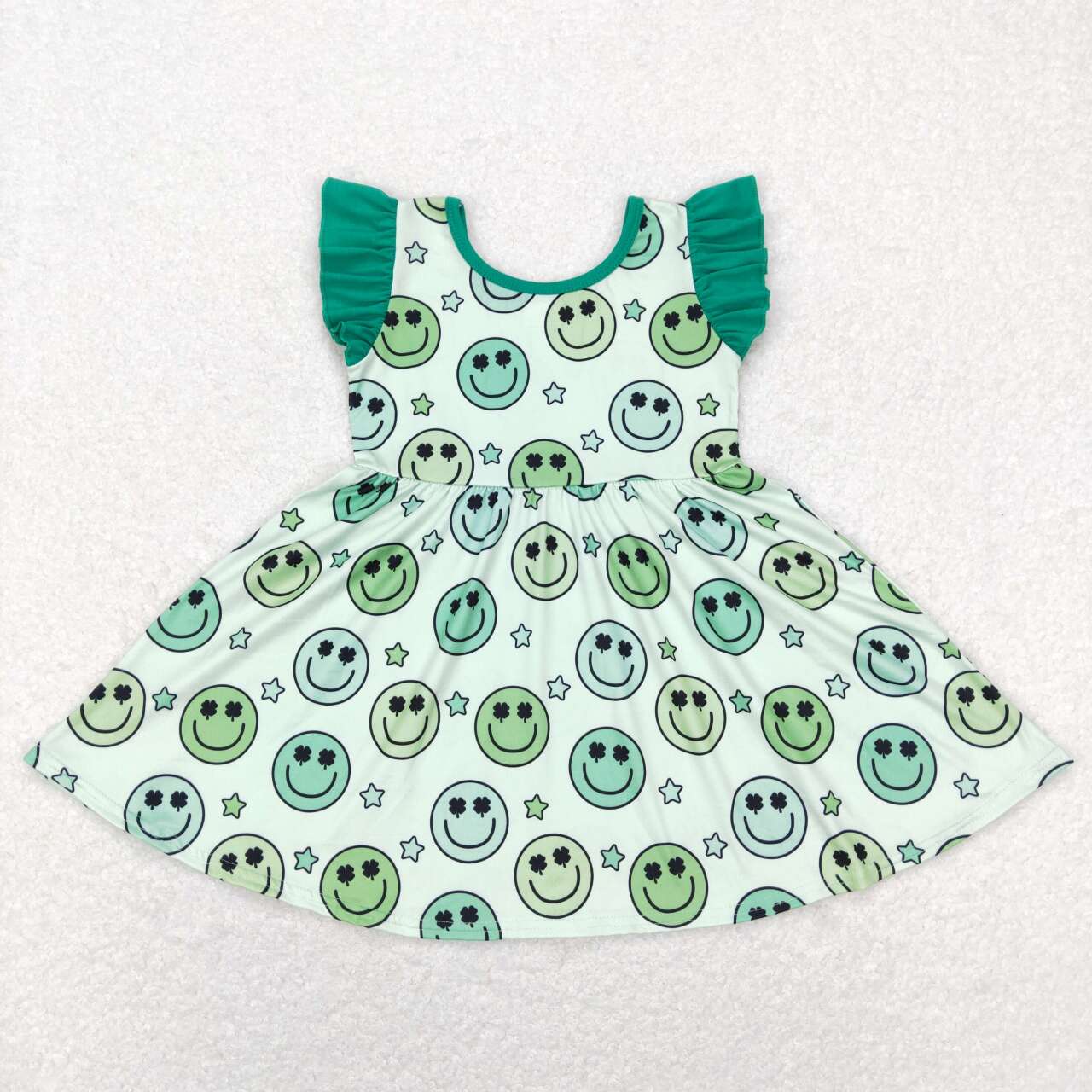 GSD0643 Green Star Smiling Face Print Girls St. Patrick's Knee Length Dress