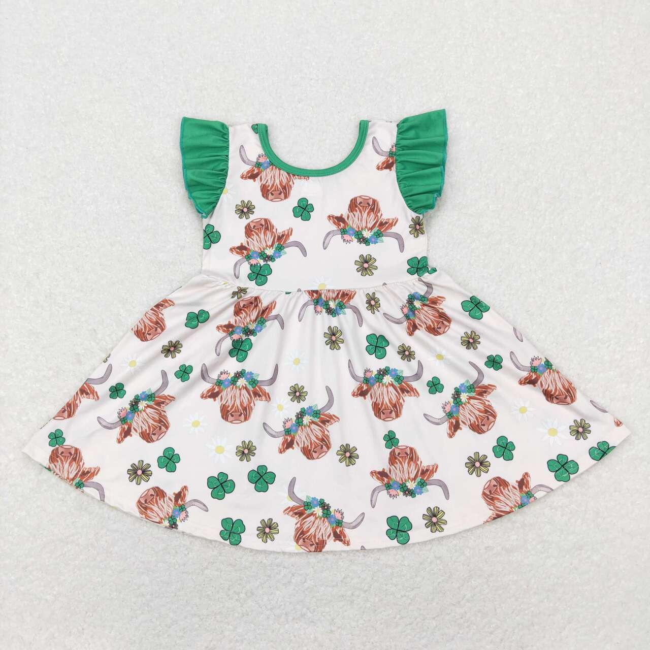 GSD0647  Green Quatrefoil Highland Cow Print Girls St. Patrick's Dress