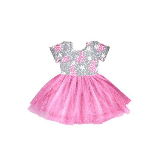 (Pre-order)GSD0650 Flowers Pink Leopard Bunny Print Girls Easter Tulle Dress