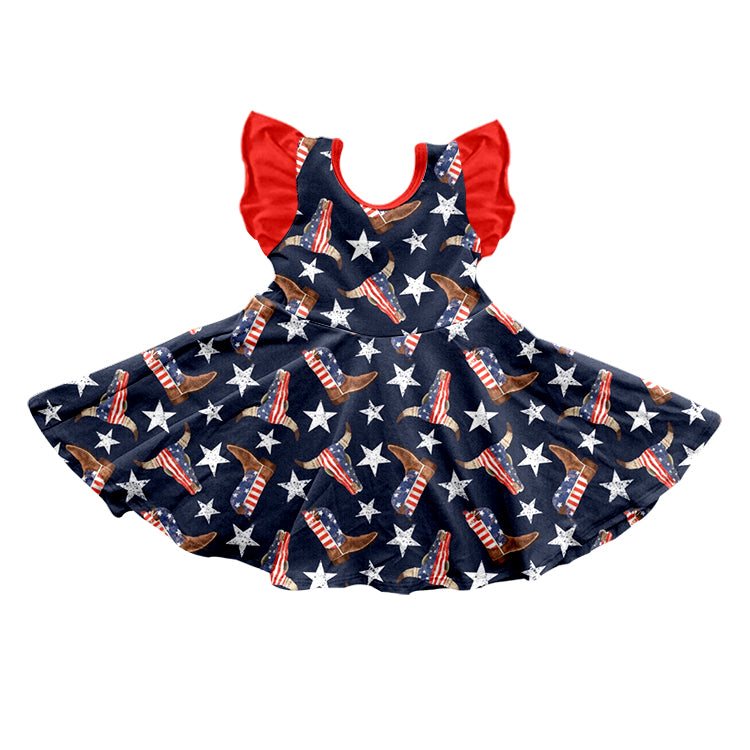 (Pre-order)GSD0652 Cow Skull Star Boots Print Girls 4th of July Dress