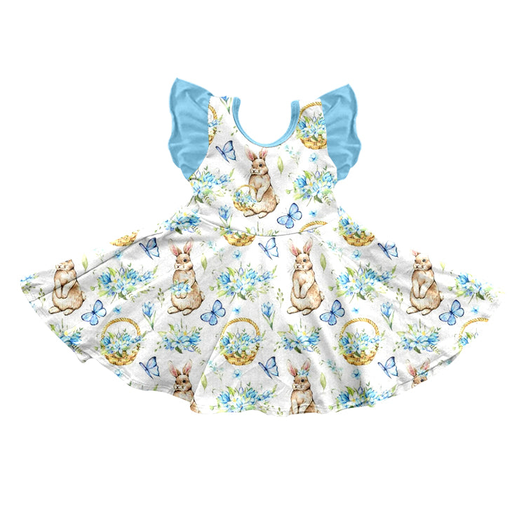 (Pre-order)GSD0664 Bunny Butterfly Flowers Print Girls Easter Knee Length Dress