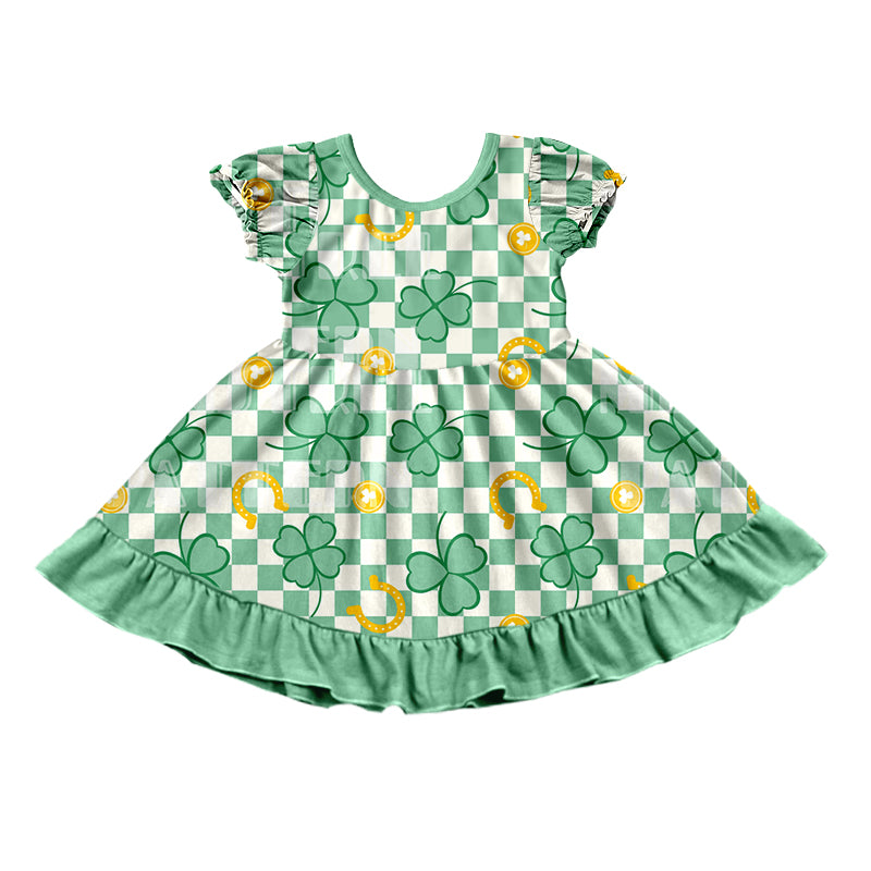 (Pre-order)GSD0684 Green Quatrefoil Plaid Gold Print Girls St. Patrick's Knee Length Dress