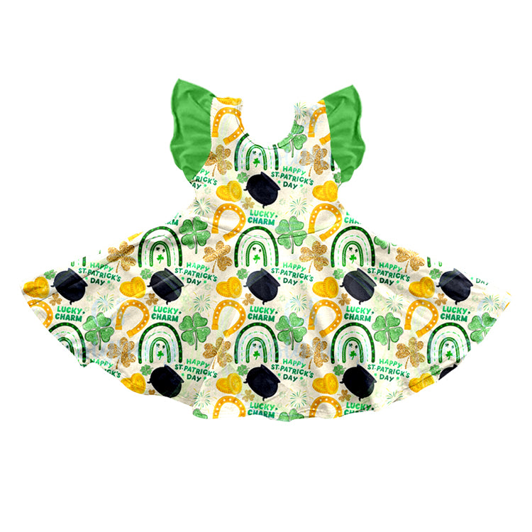 (Pre-order)GSD0697 Green Quatrefoil Rainbow Gold Print Girls St. Patrick's Dress