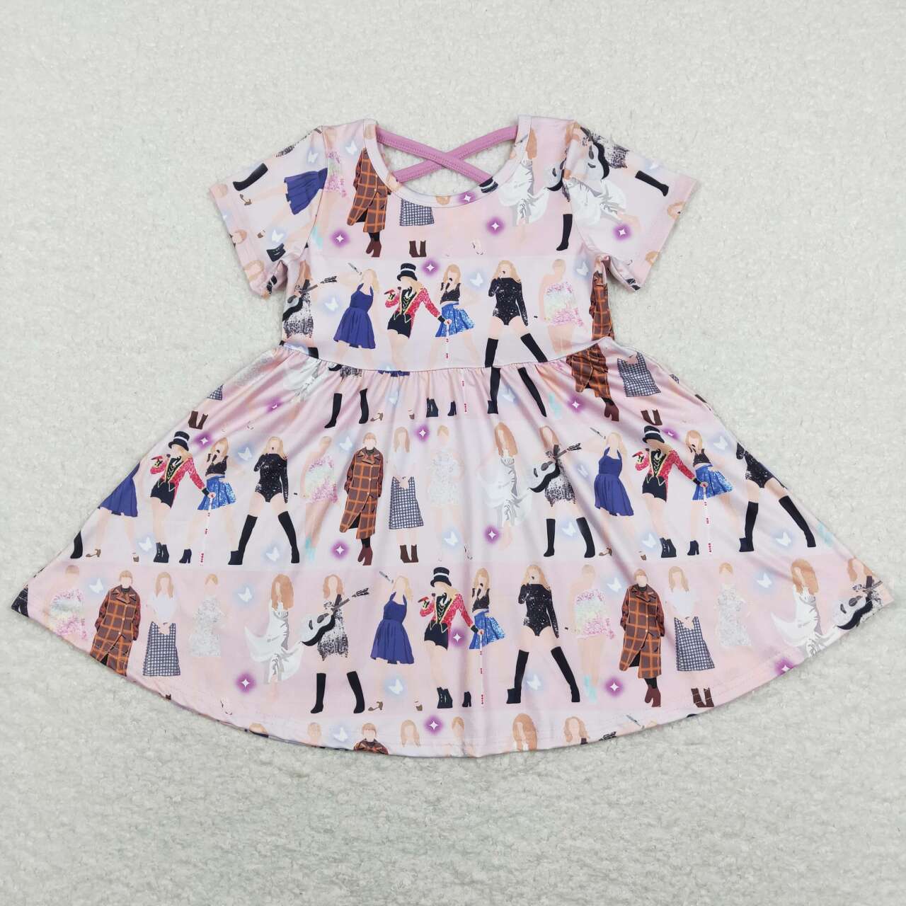 GSD0711 Singer Pink Print Girls Summer Knee Length Dress