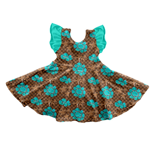 (Pre-order)GSD0718 Turquoise Brown Plaid Print Girls Knee Length Dress