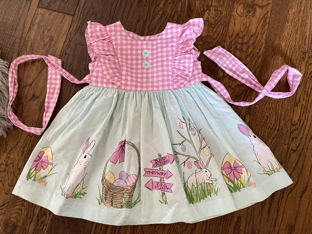 (Pre-order)GSD0719 Pink Plaid Bunny Eggs Print Girls Easter Knee Length Dress