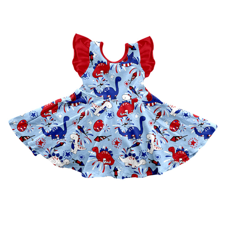 (Pre-order)GSD0727 Blue Dino Print Girls 4th of July Knee Length Dress