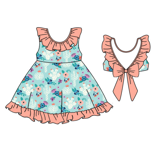 (Pre-order)GSD0728 Cactus Flowers Print Girls Summer Knee Length Dress