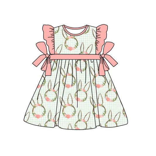 (Pre-order)GSD0731 Bunny Flowers Print Girls Easter Knee Length Dress
