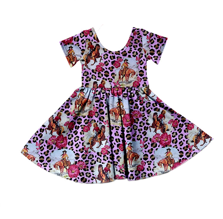 (Pre-order)GSD0736 Cowgirl Flowers Leopard Print Girls Summer Knee Length Dress