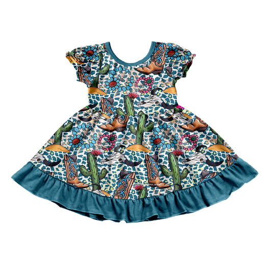 (Pre-order)GSD0747 Cactus Turquoise Boots Print Girls Summer Knee Length Dress