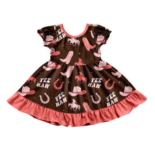 (Pre-order)GSD0748 Cowgirl Hat Boots Print Girls Summer Knee Length Dress