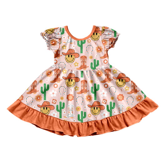 (Pre-order)GSD0749 Cactus Boots Smiling Face Print Girls Summer Knee Length Dress