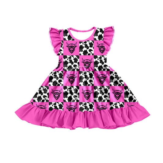 (Pre-order)GSD0750 Highland Cow Print Girls Summer Knee Length Dress