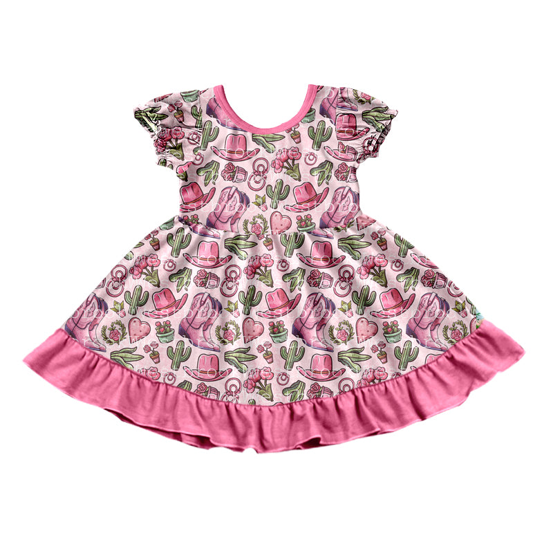 (Pre-order)GSD0759 Pink Heart Hat Boots Print Girls Valentine's Knee Length Dress