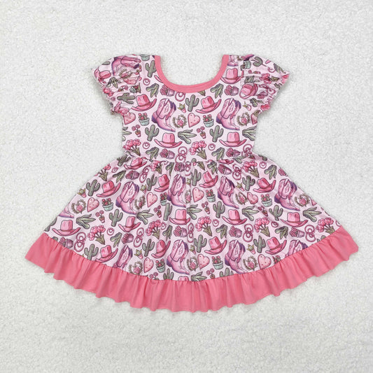 GSD0759 Pink Heart Hat Boots Print Girls Valentine's Western Knee Length Dress