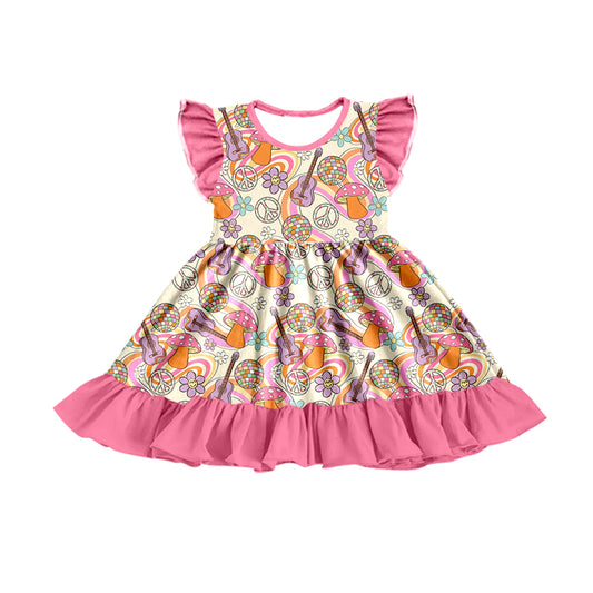 (Custom Design Preorder MOQ 5) Disco Groovy Guitar Print Girls Western Knee Length Dress