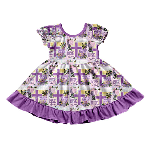 (Pre-order)GSD0766 Purple Cross Print Girls Easter Knee Length Dress