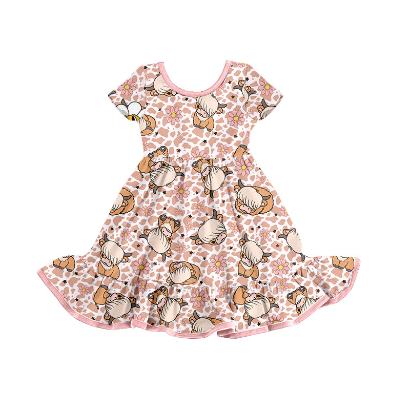 (Pre-order)GSD0769 Pink Flowers Highland Cow Print Girls Summer Knee Length Dress