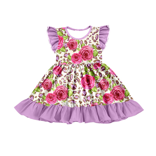 (Pre-order)GSD0770 Purple Flowers Leopard Print Girls Summer Knee Length Dress