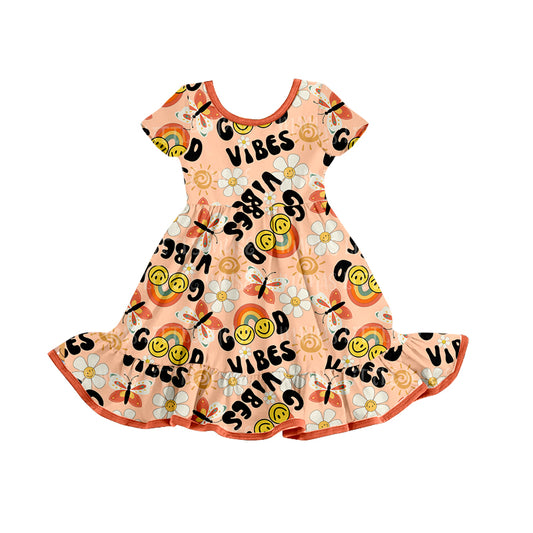 (Pre-order)GSD0772 Smiling Face Rainbow Butterfly Vibes Print Girls Summer Knee Length Dress