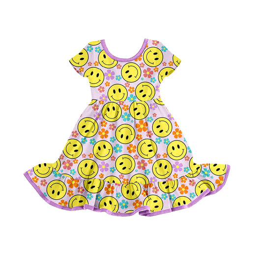 (Pre-order)GSD0776 Flowers Smiling Face Print Girls Summer Knee Length Dress