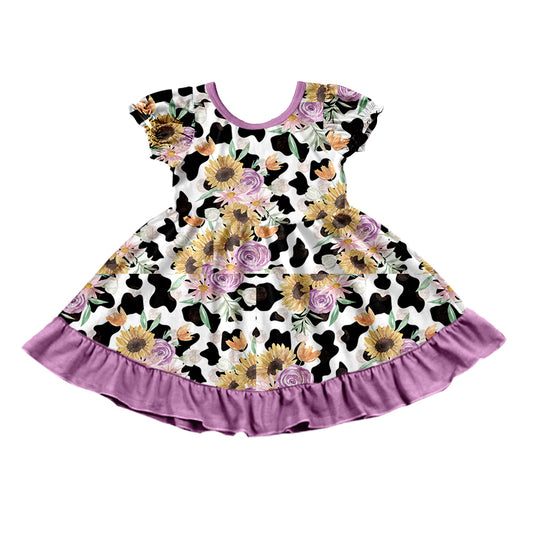 (Pre-order)GSD0784 Purple Flowers Cow Print Girls Summer Knee Length Dress
