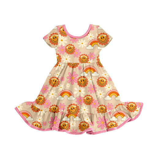 (Pre-order)GSD0786 Flowers Smiling Face Rainbow Print Girls Summer Knee Length Dress
