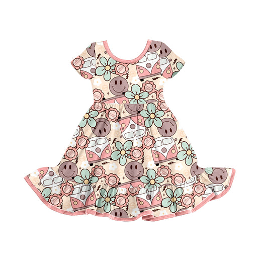 (Pre-order)GSD0787 Smiling Face Flowers Bus Print Girls Summer Knee Length Dress