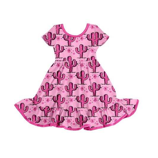 (Pre-order)GSD0789 Pink Flowers Cactus Print Girls Summer Knee Length Dress