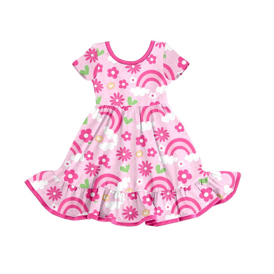 (Pre-order)GSD0790 Pink Rainbow Flowers Print Girls Summer Knee Length Dress