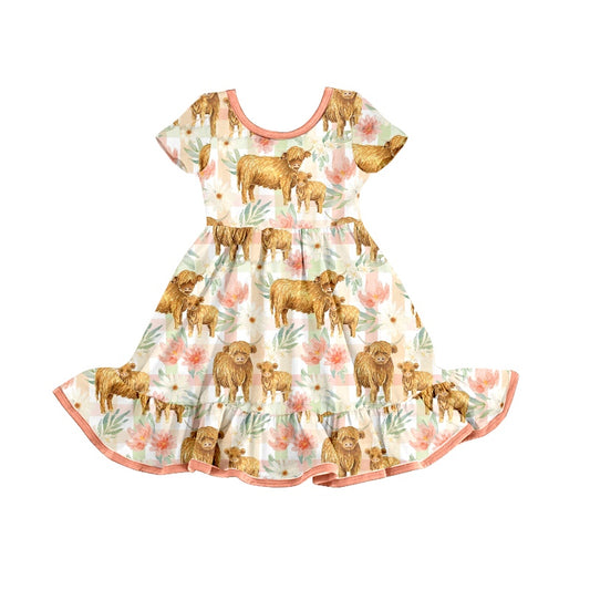 (Pre-order)GSD0791 Flowers Highland Cow Print Girls Summer Knee Length Dress