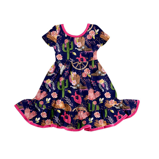 (Pre-order)GSD0792 Cactus Boots Flowers Print Girls Summer Knee Length Dress