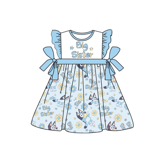(Pre-order)GSD0793 Big Sister Cartoon Dog Flowers Print Girls Summer Knee Length Dress