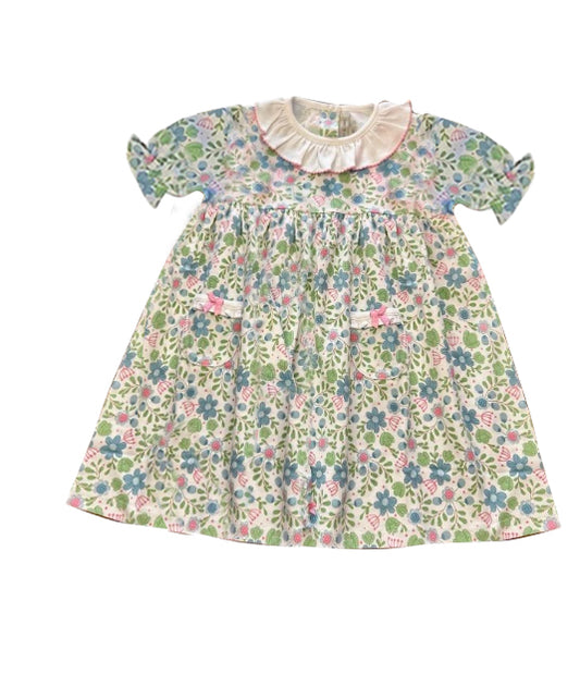 (Pre-order)GSD0800 Flowers Print Girls Summer Knee Length Pockets Dress